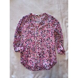 Juniper + Lime Pink Purple Abstract Mesh Pleated Roll Tab Blouse Small